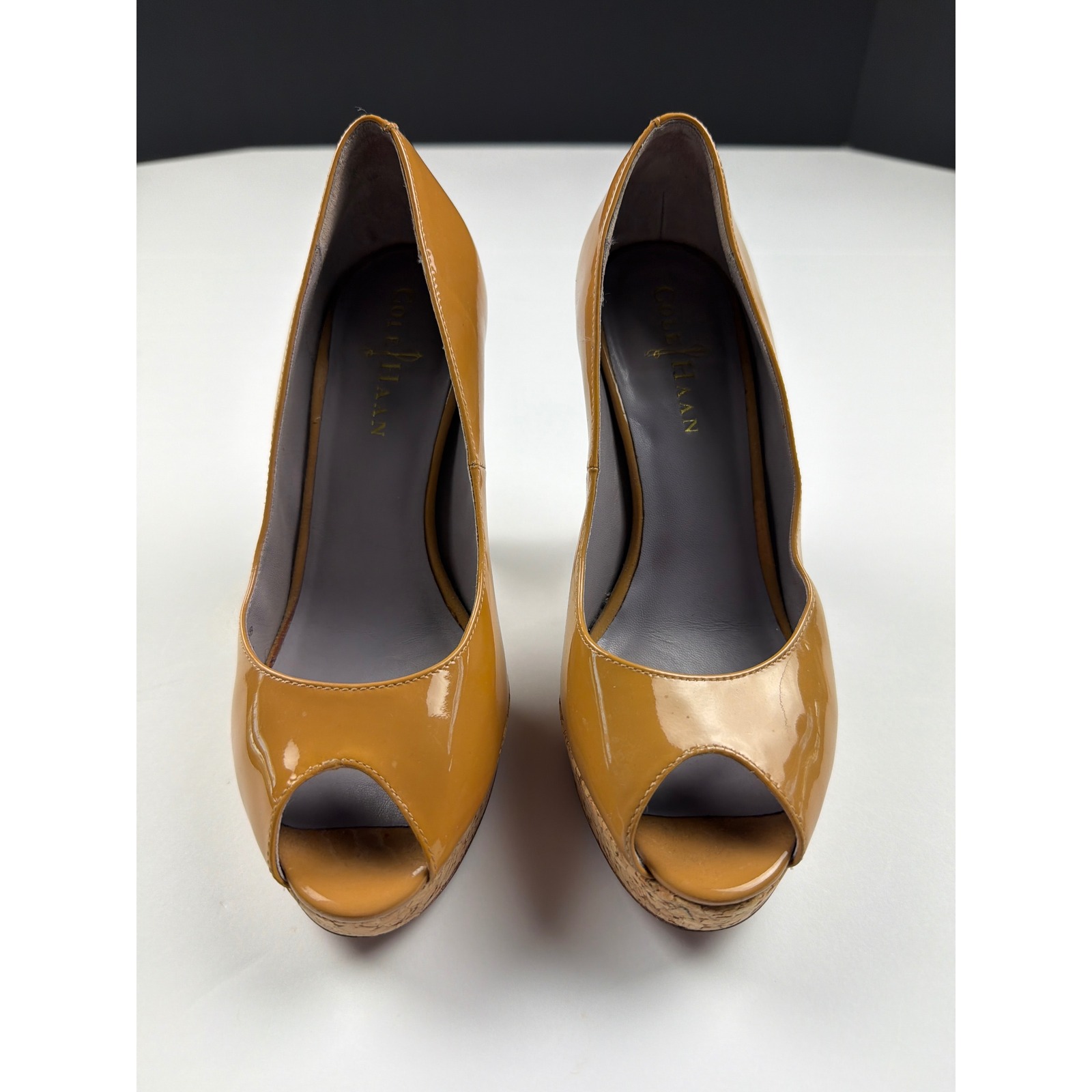 Cole Haan Nike Air Peep Toe Pumps Tan Patent Leather Cork Platform Heels 6b